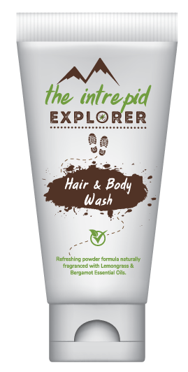Flat shot of a tube of powdered hair and body wash by The Intrepid Explorer , naturally fragranced with essential oils