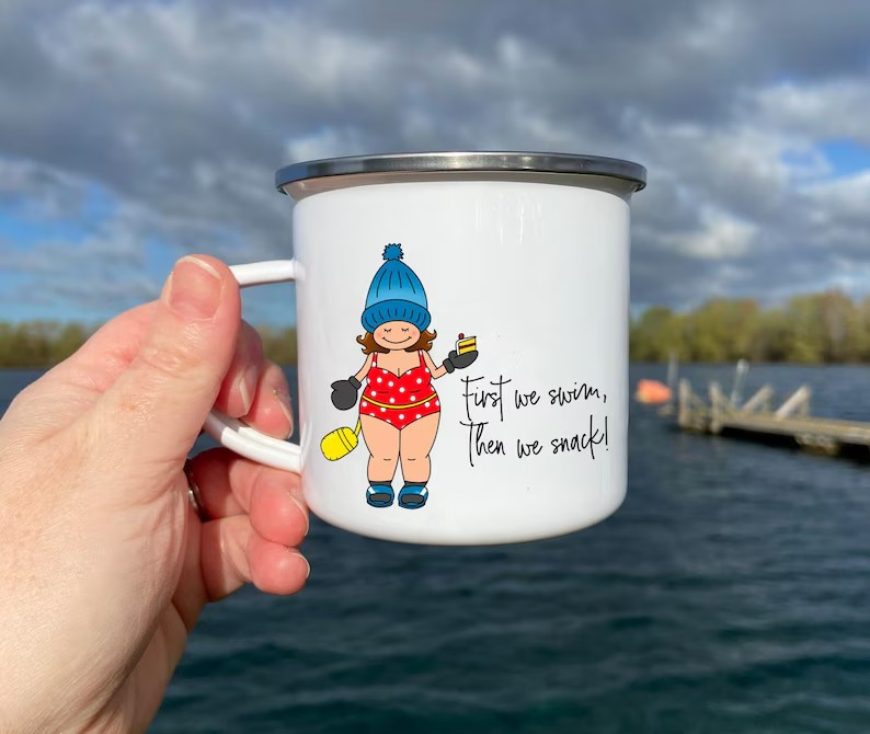 'First We Swim, Then We Snack!' Enamel Mug