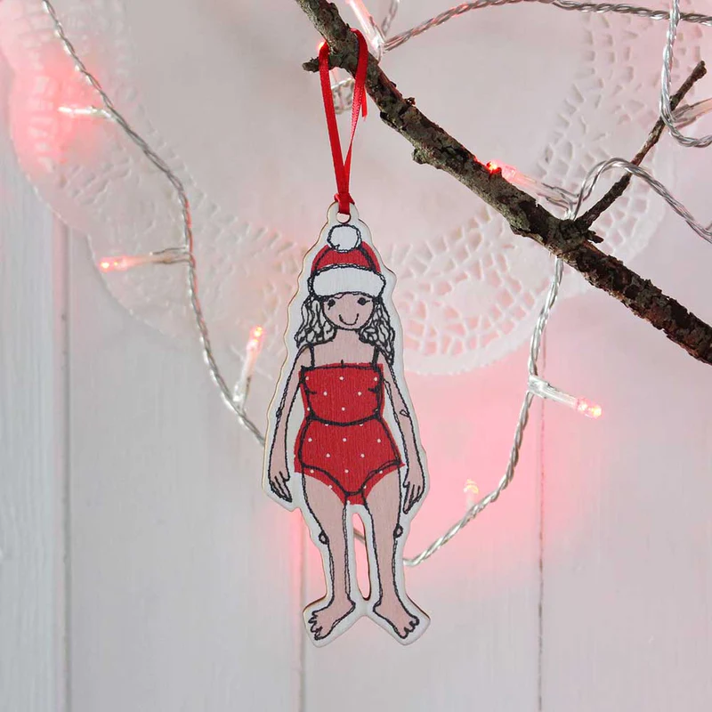 Christmas tree decoration featuring a swimmer in red swimsuit and Santa hat – the perfect gift or stocking filler for open water swimmers.