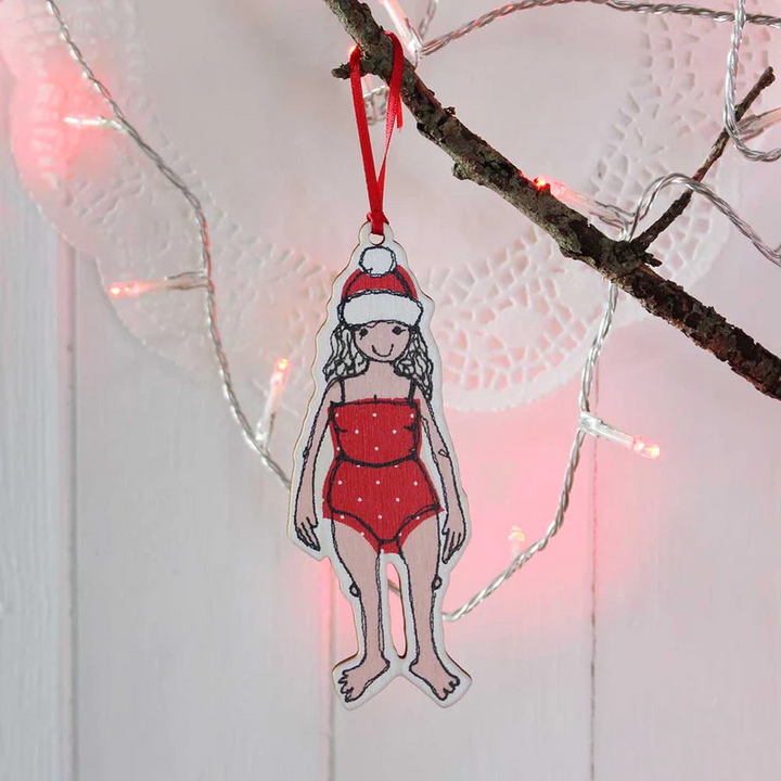 Christmas tree decoration featuring a swimmer in red swimsuit and Santa hat – the perfect gift or stocking filler for open water swimmers.