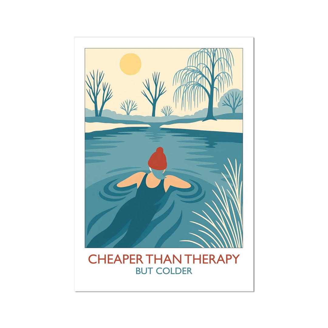 Cheaper Than Therapy But Colder art print by Wild Swim Studio — featuring a wild swimmer in a red hat and swimsuit in icy open water, celebrating cold water swimming and mindfulness.