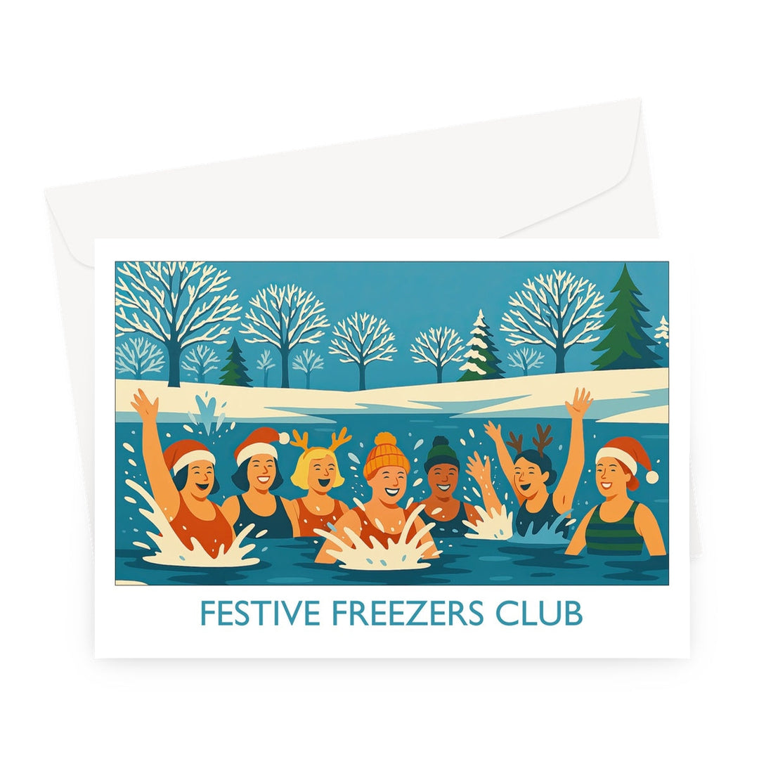 Festive Freezers Club wild swimming Christmas card showing a group of swimmers in Santa hats and reindeer antlers splashing in icy water.