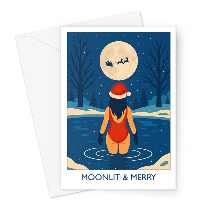 Moonlit & Merry wild swimming Christmas card showing a swimmer in a red Santa hat and swimsuit standing in a moonlit winter lake with Santa’s sleigh in a full moon overhead.