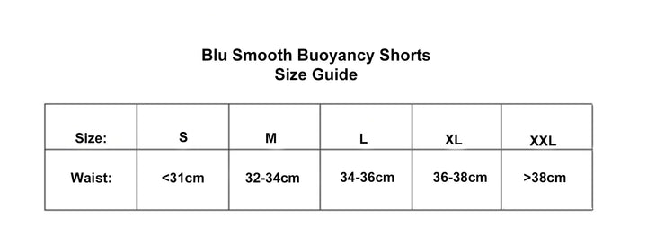 Blu Smooth neoprene buoyancy shorts size chart.