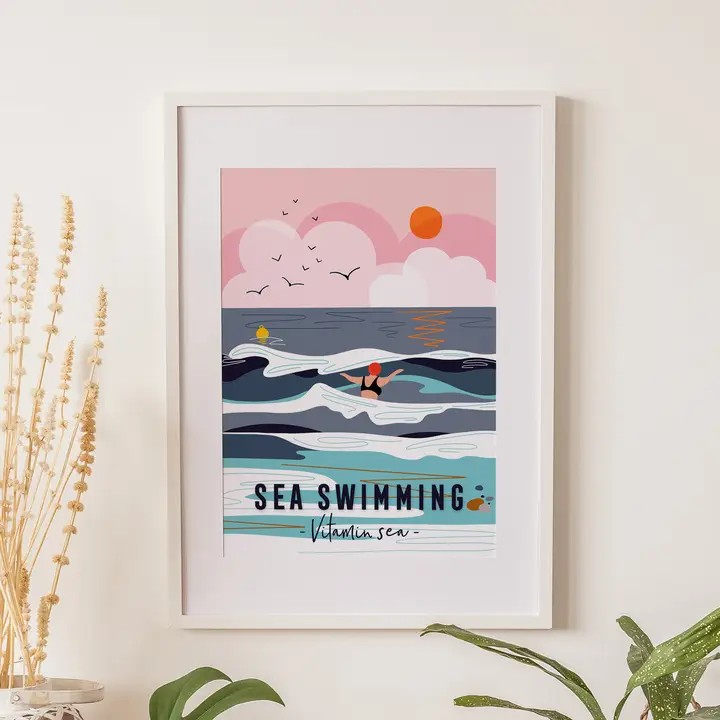 Celebrate your love of the sea with this Onneke art print – “Sea Swimming – Vitamin Sea”. Eco-friendly, UK-made, and perfect for swimmers.
