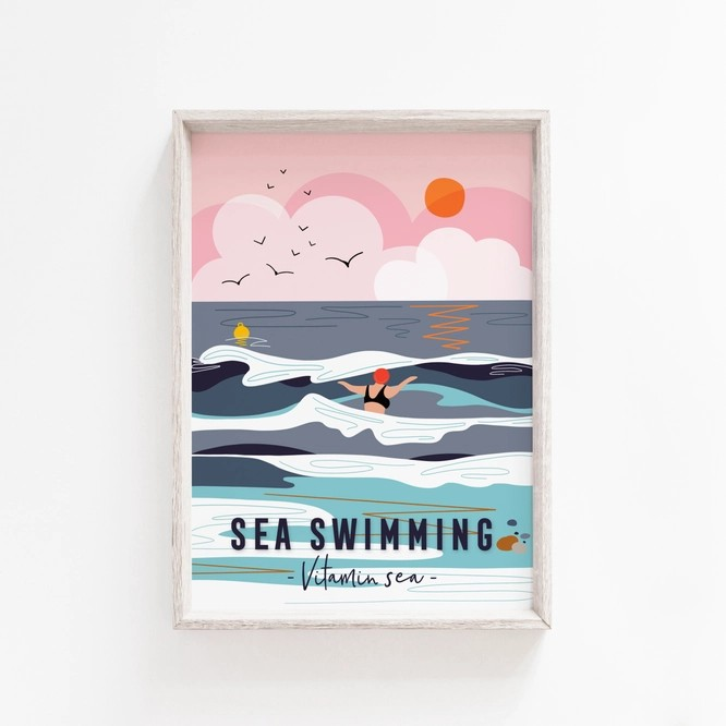 Bold and uplifting wall art for wild swimmers – Onneke’s “Sea Swimming – Vitamin Sea” print brings joy and colour to any coastal home.