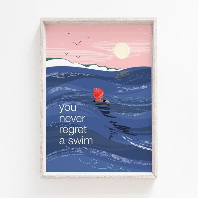 Inspirational wild swimming print by Onneke featuring the words “You Never Regret a Swim” – a bold, uplifting gift for open water swimmers.