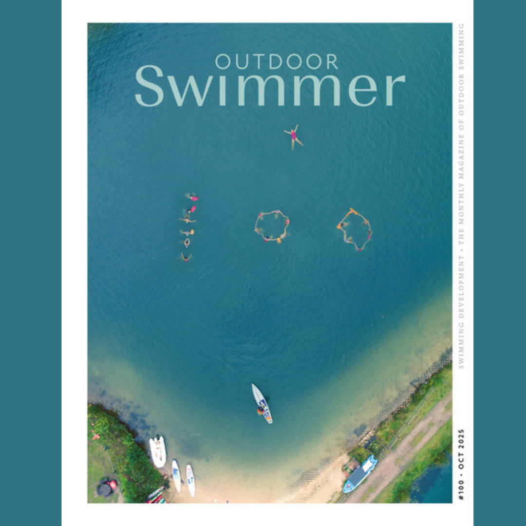 Magazine cover of 'Outdoor Swimmer' depicting people swimming in a lake and forming the number '100' to celebrate 100 issues of the magazine.