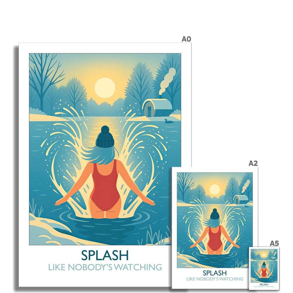 ‘Splash Like Nobody’s Watching’ art print by Wild Swim Studio shown in multiple available sizes from A0 to A5, featuring wild swimmer illustration in red swimsuit.