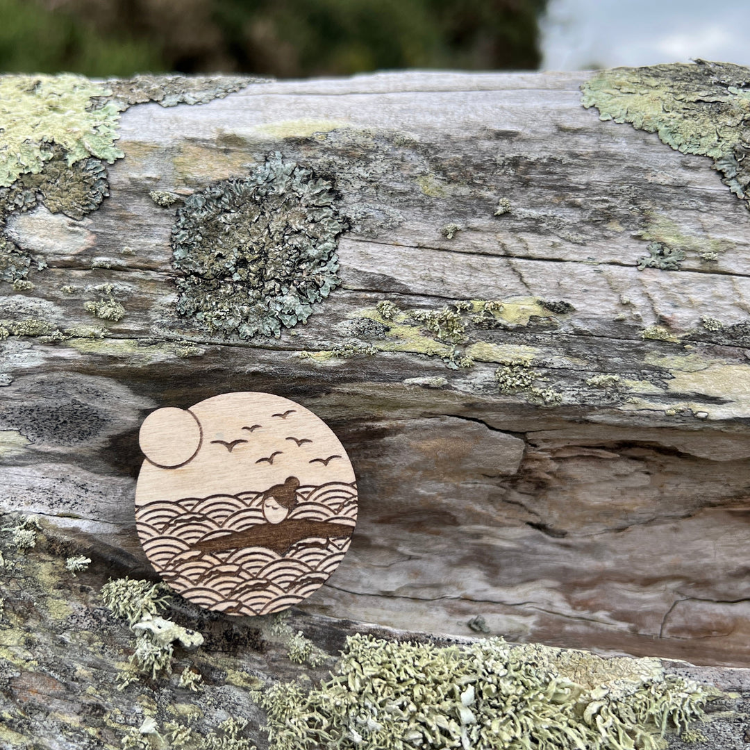 Wild swimmer etched wooden brooch