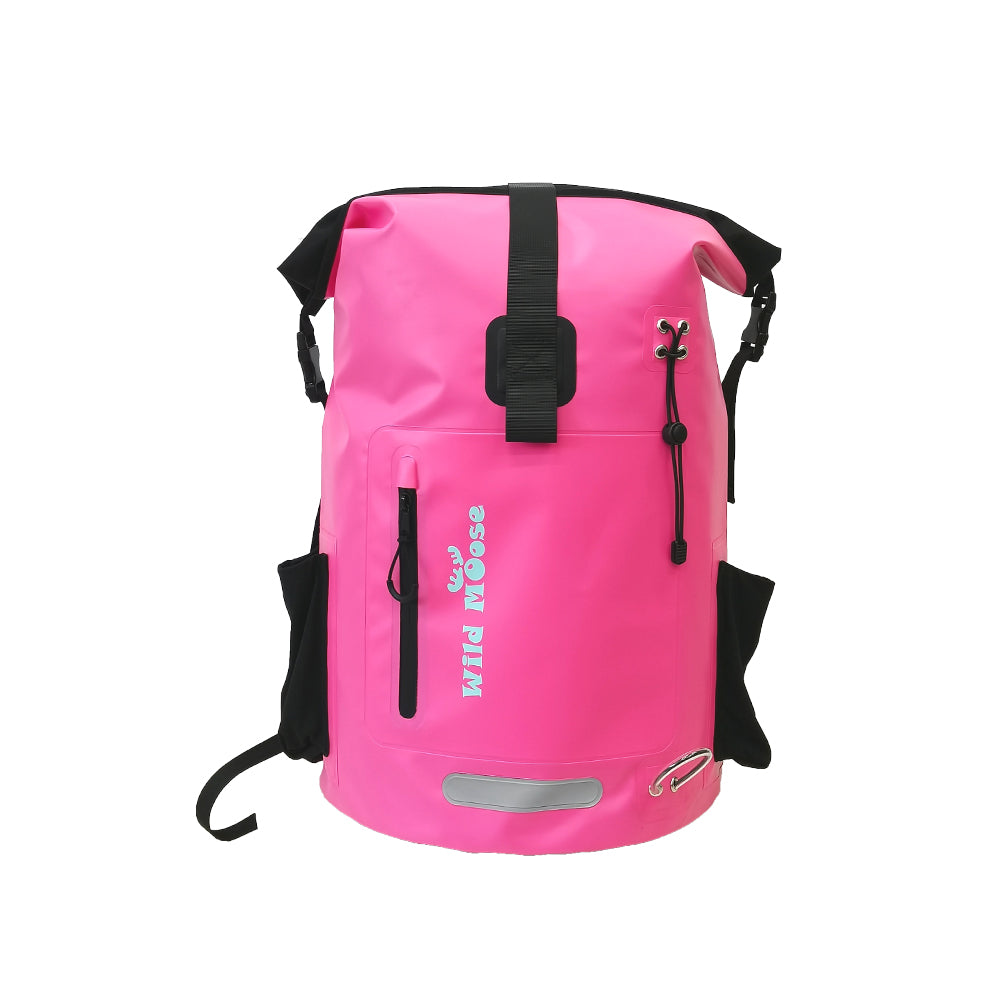 Pink backpack with black straps on a white background