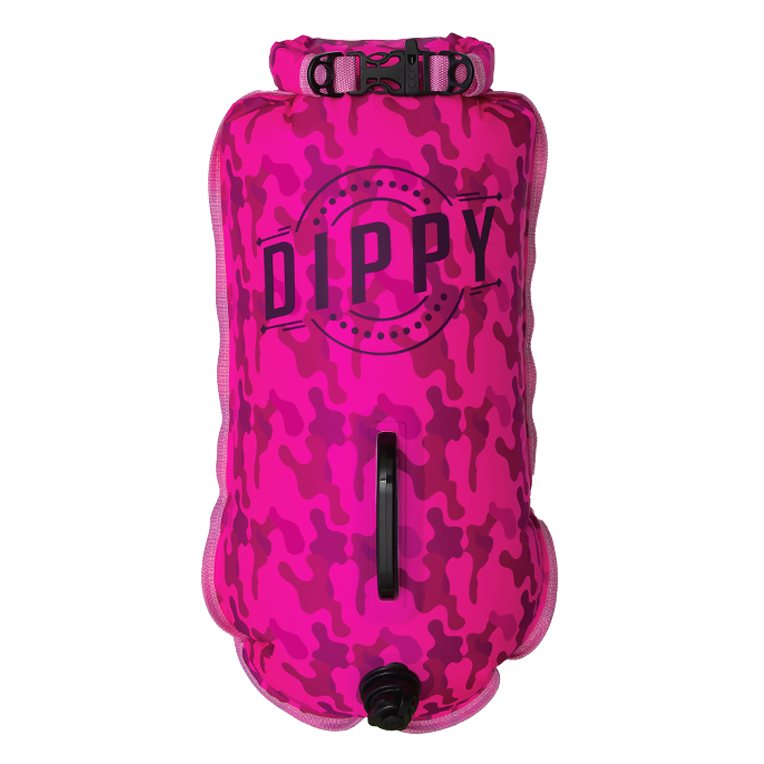 A pink camo swim dry bag with the brand name 'DIPPY' written on it.