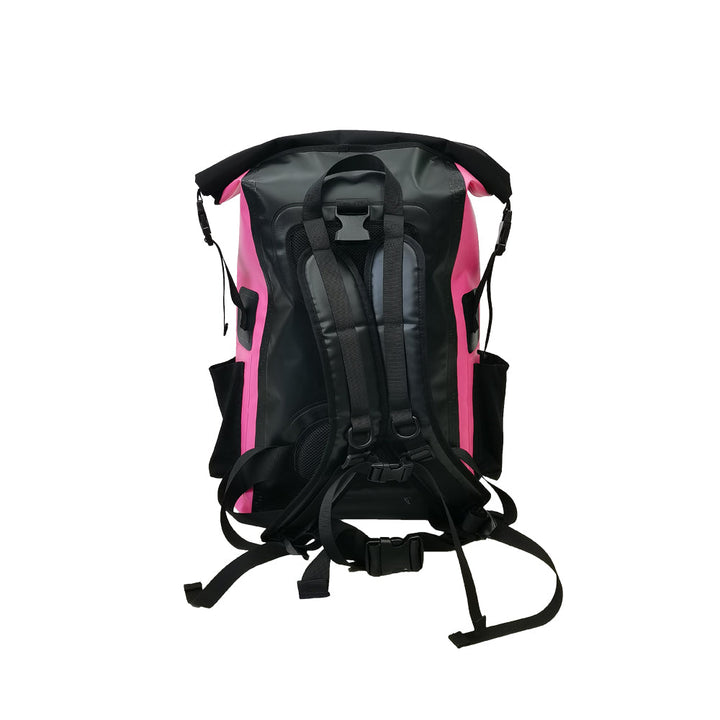 Black and pink backpack on a white background