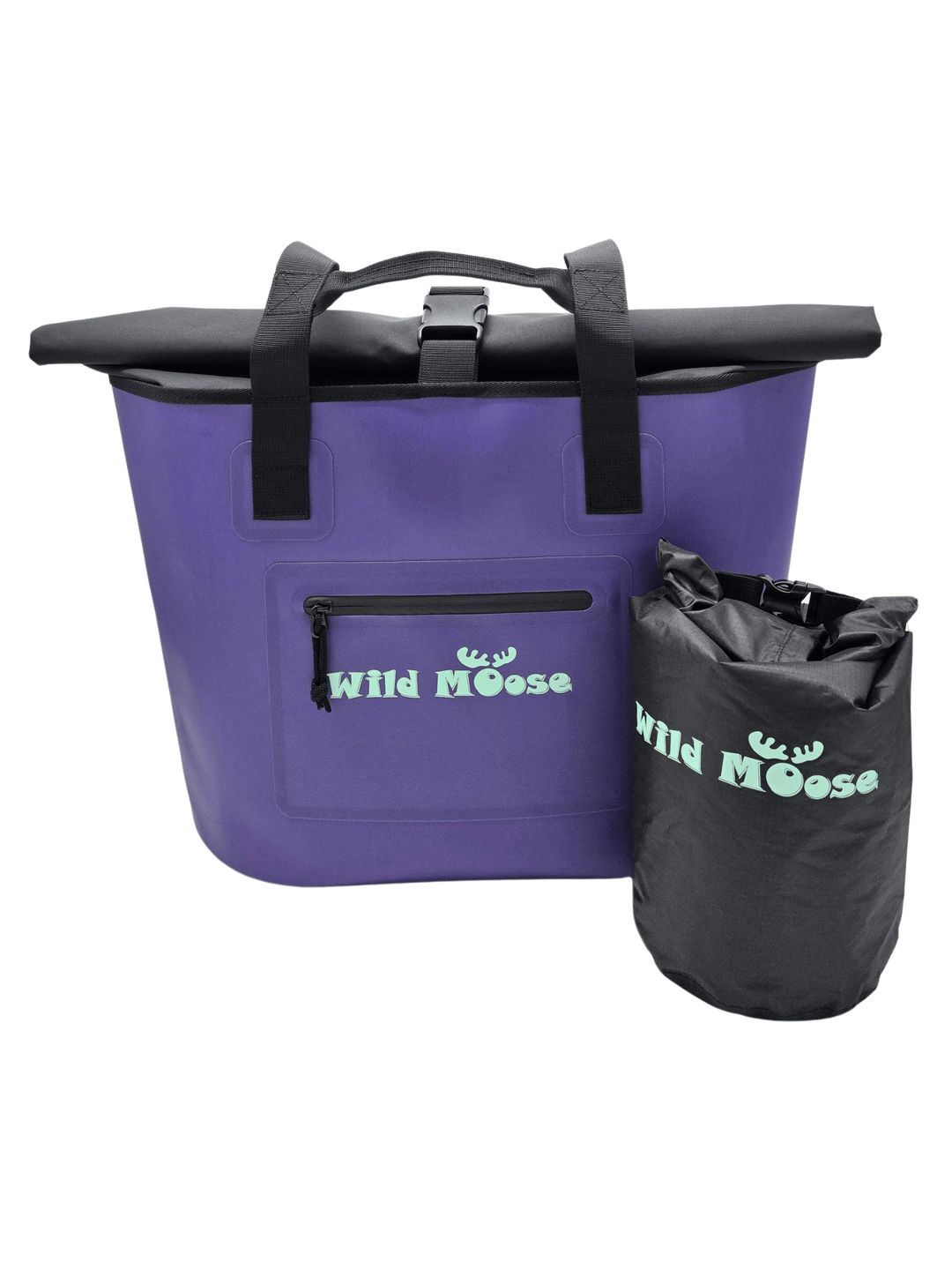 Purple tote bag with black top and matching pouch, featuring &