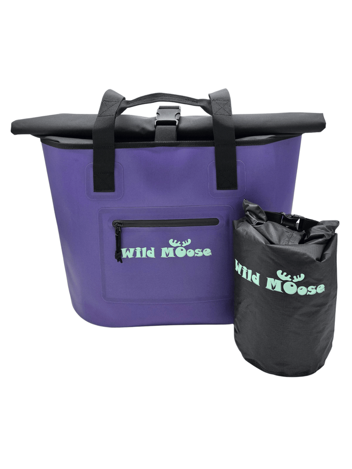 Purple tote bag with black top and matching pouch, featuring &