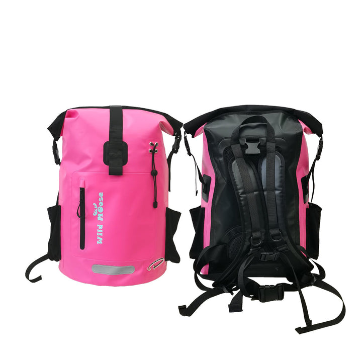 Pink and black backpacks with visible brand logo on a white background