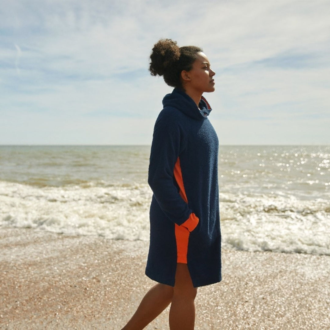 Bude Long Hoodie - Navy and Orange