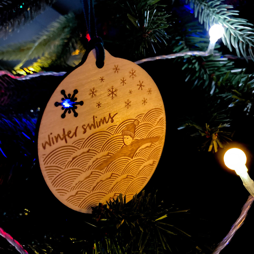 Winter swims laser etched bauble
