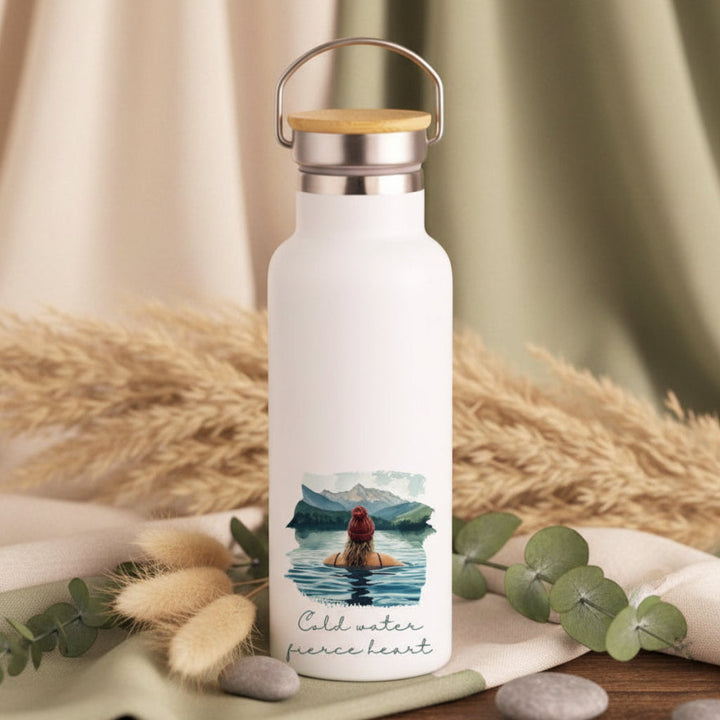 Cold Water Fierce Heart Metal Water Bottle – 500ml Stainless Steel Insulated Flask with Wild Swimming Design of Blonde in Bobble Hat