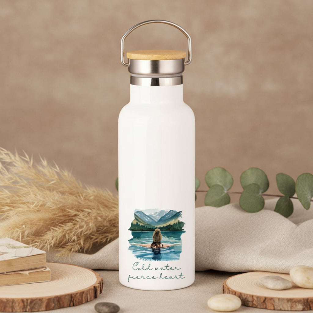 White water bottle with cold water swiming design.