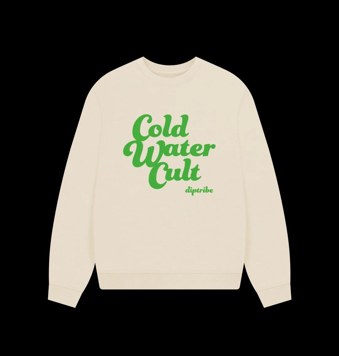 Diptribe oat sweatshirt with green 'Cold Water Cult' text written on the front in a large font