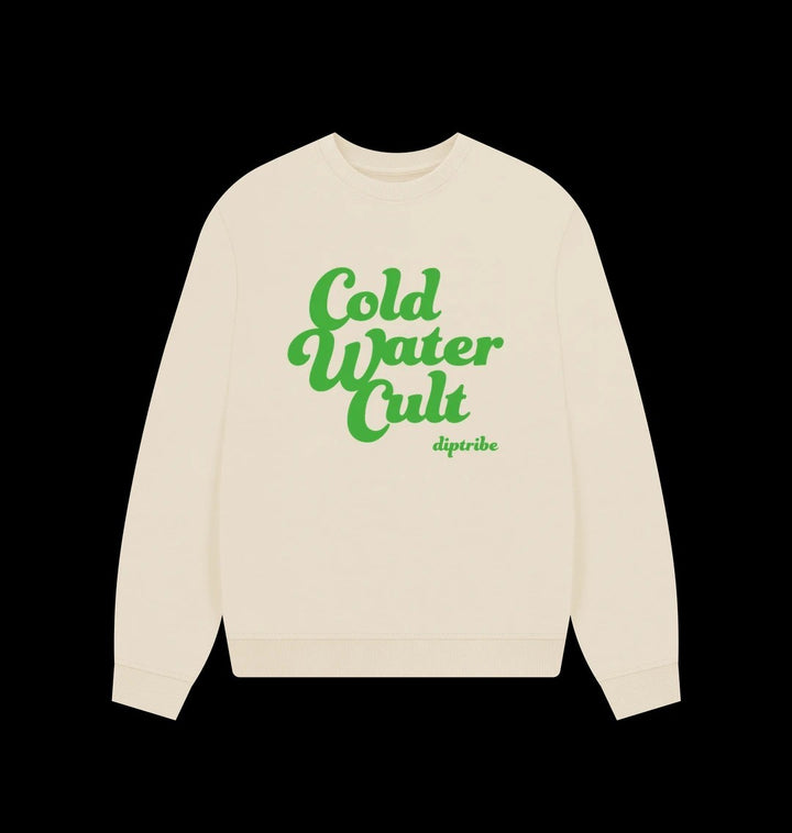 Diptribe oat sweatshirt with green 'Cold Water Cult' text written on the front in a large font