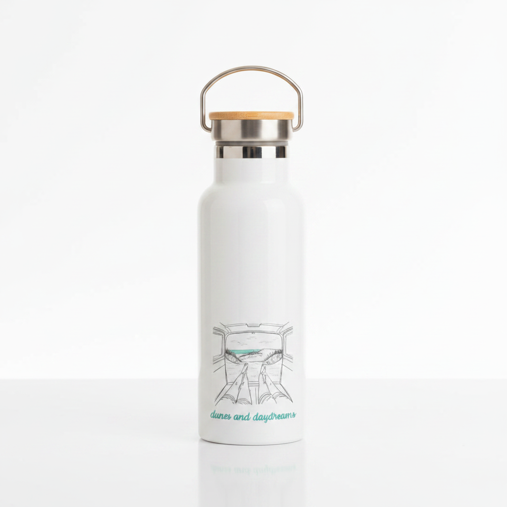 Dunes And Daydreams Water Bottle Flask 500ml – Vanlife Line Art Beach Scene