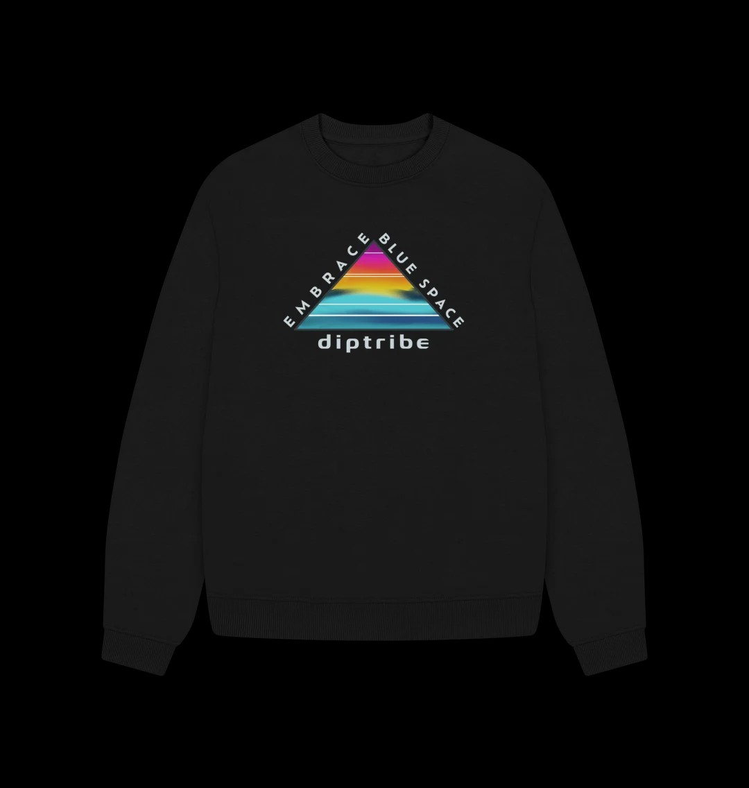 A flat shot image of a diptribe black relaxed fit sweatshirt with a triangular logo and the text 'Embrace Blue Space' on the front.