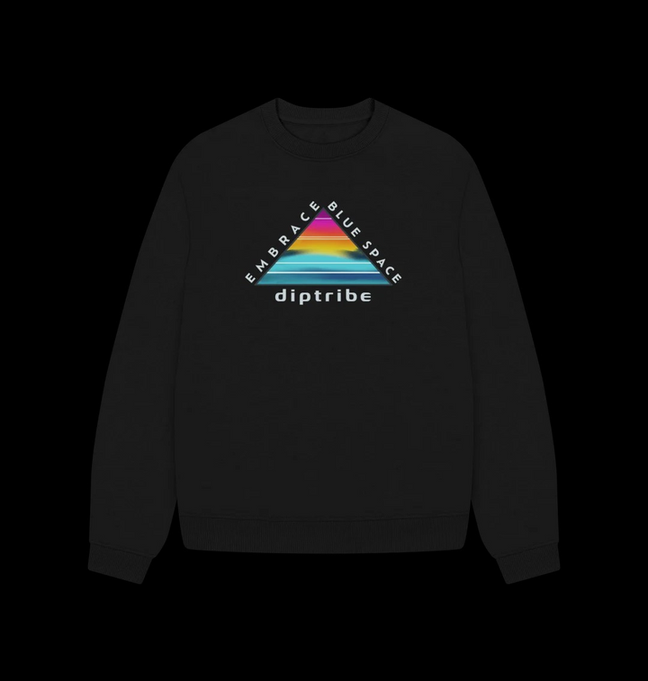 A flat shot image of a diptribe black relaxed fit sweatshirt with a triangular logo and the text 'Embrace Blue Space' on the front.
