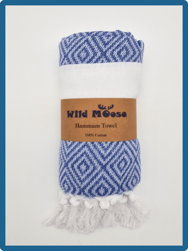 Large, quick-drying hammam towel from Wild Moose in whale blue