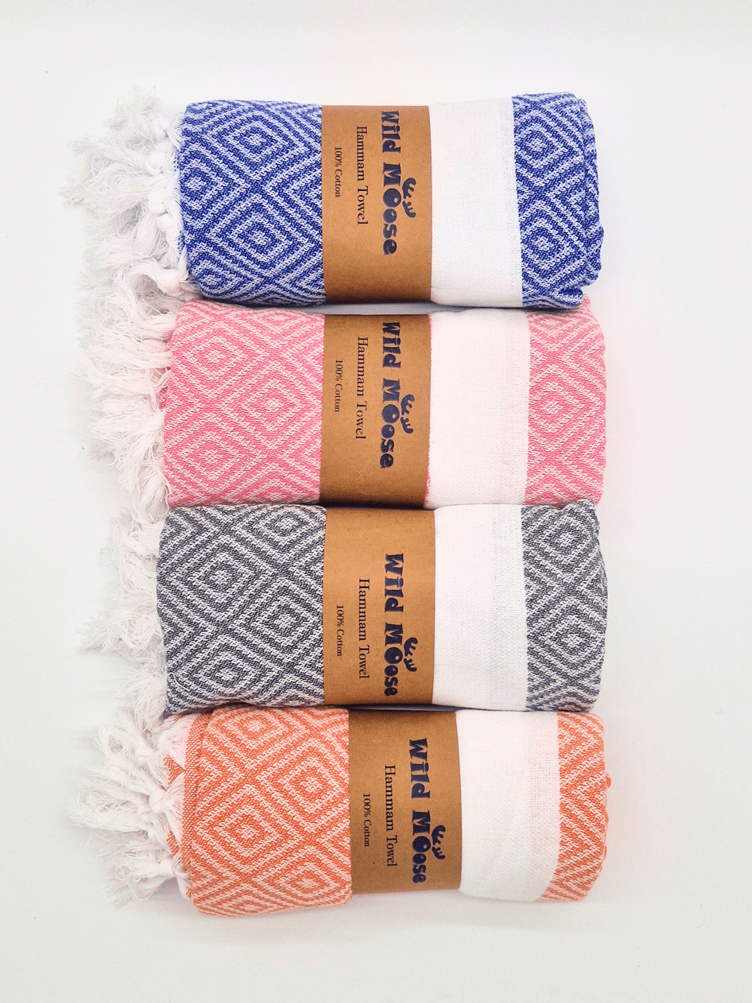 Set of Wild Moose hammam towels in grey, blue, orange and pink