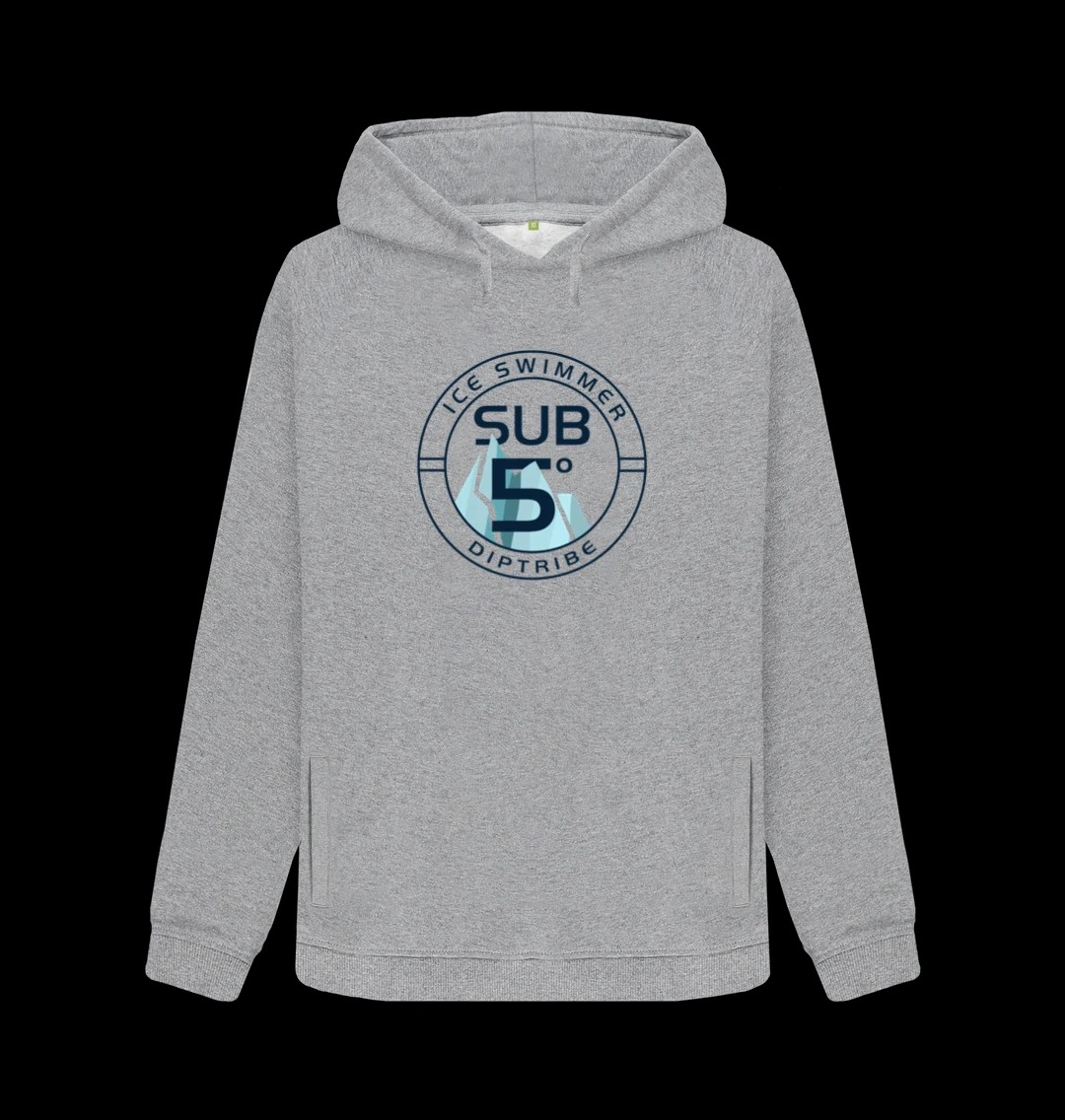 Flat Shot of the diptribe grey hoodie with an 'Ice Swimmer Sub 5' logo on the front.