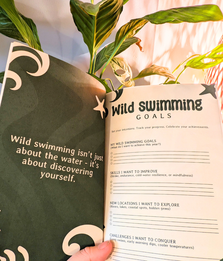 Interior pages of Wild Swim Planner showing goal setting and swim log for outdoor swimmers.
