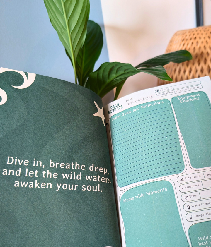 Open wild swimming planner showing a wild swimming quote and a daily swim log to journal about wild swims.