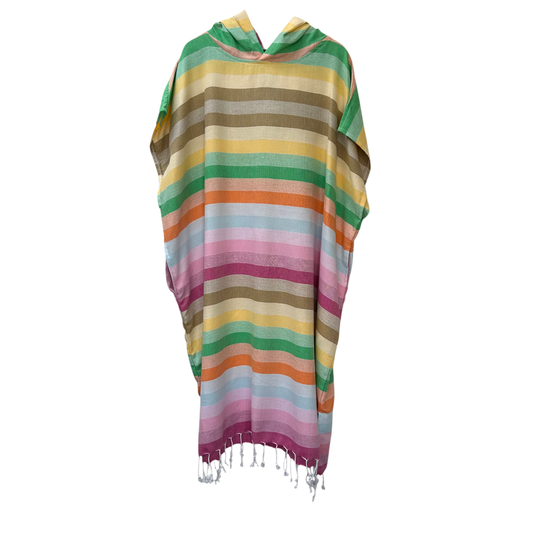 Breeze multicolored striped long poncho with fringes 