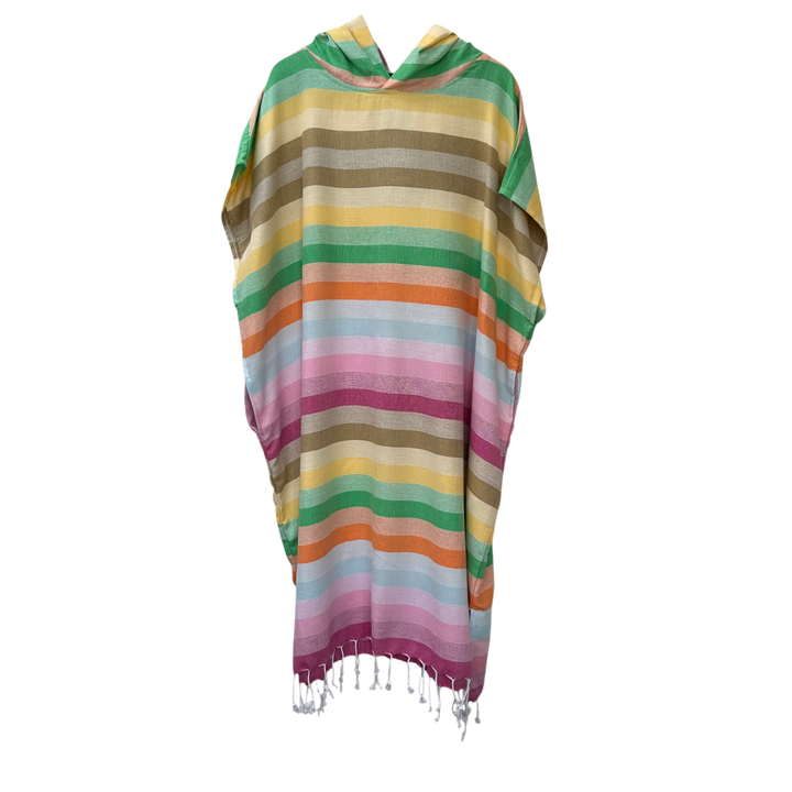 Breeze multicolored striped long poncho with fringes 