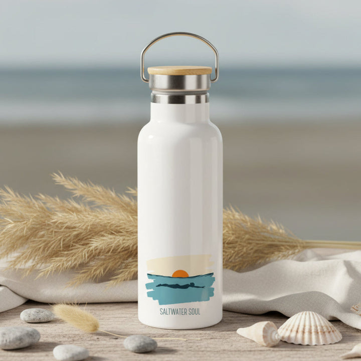 Saltwater Soul Metal Water Bottle – 500ml Stainless Steel Insulated Flask with Silhouette Swimmer &amp; Sun Sea Design