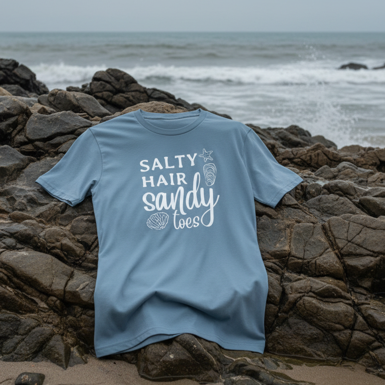 Salty hair sandy toes beachwear Stone Blue Printed T-shirt Front
