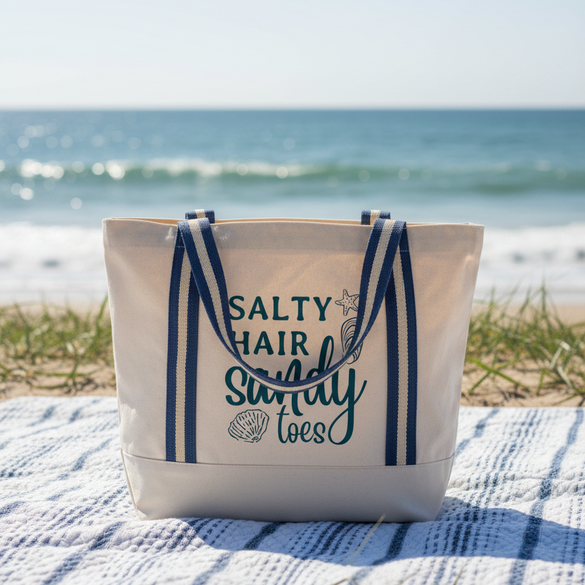 Organic cotton Salty hair sandy toes design summer beach bag with Navy straps