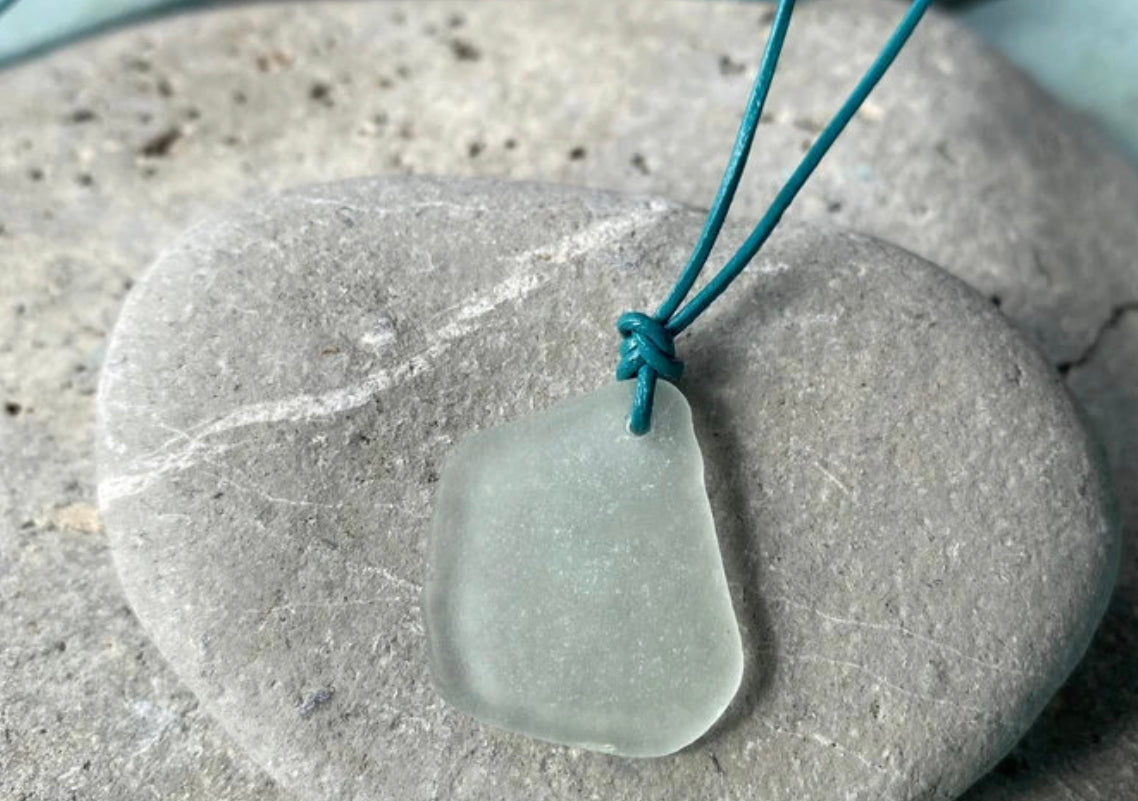 White Seaglass Necklace on Adjustable Leather Cord