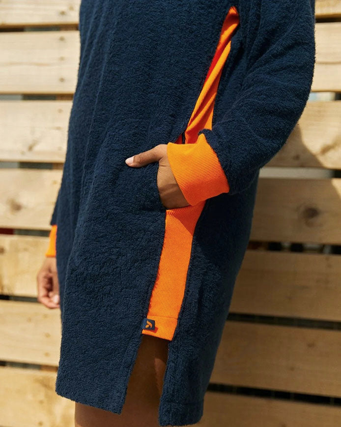 Navy and orange long hoodie by So English with beachwear style, detailed close-up of the Bude hoodie design.