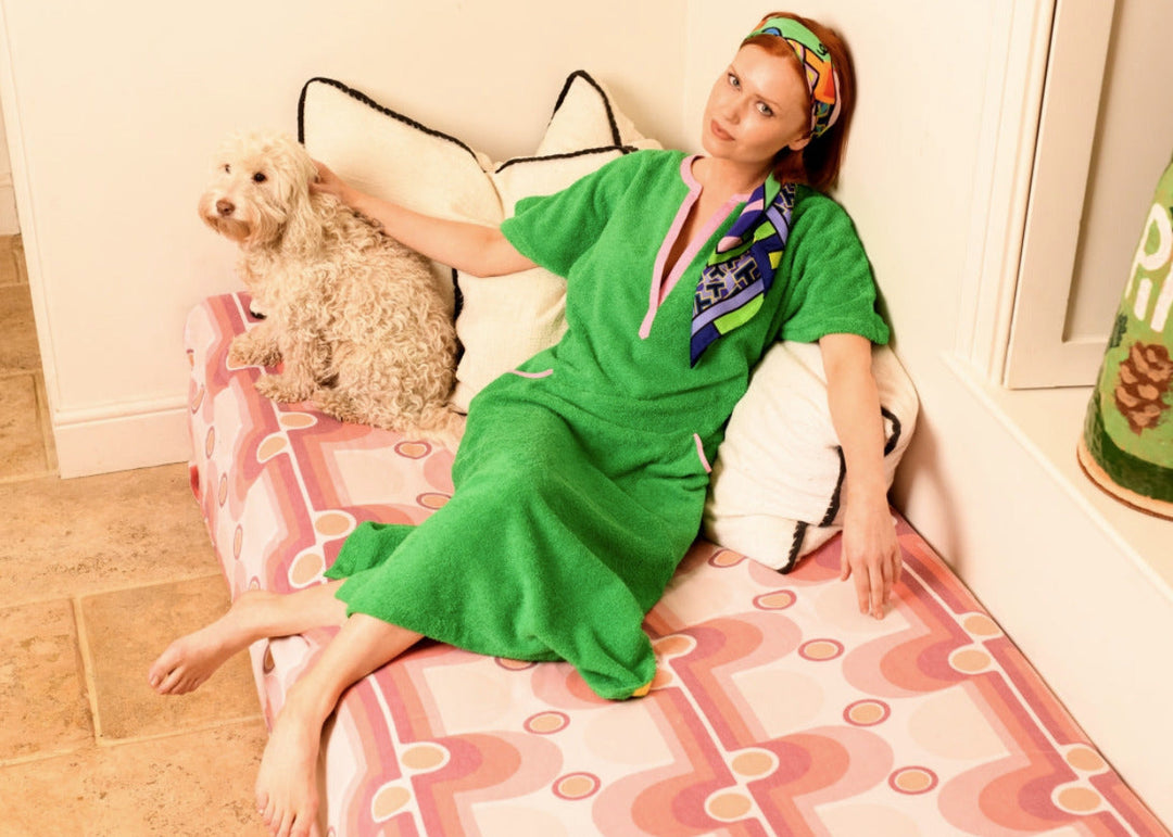 Long green Kiss dress by So English, casual beachwear style, made in the UK, shown on a model with a relaxed fit.