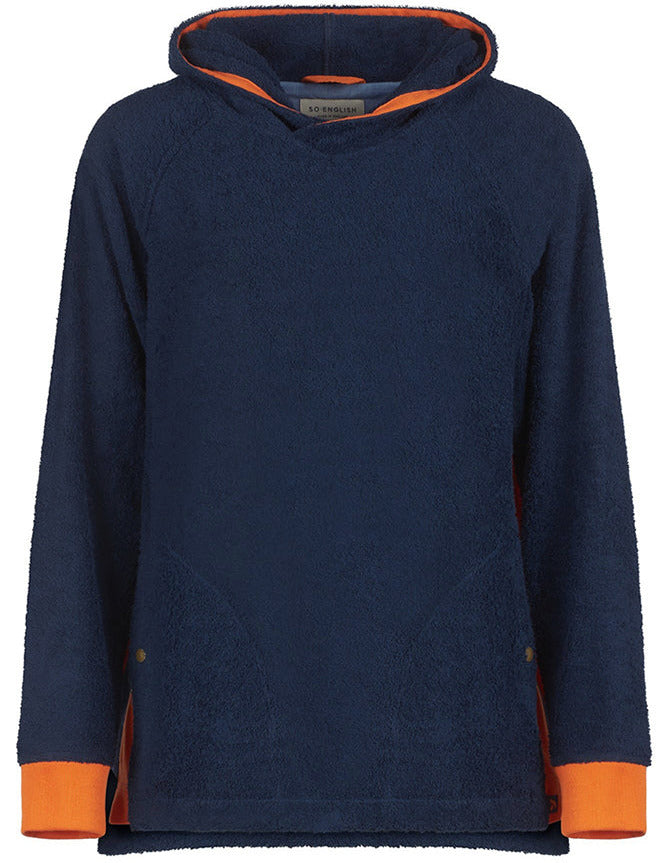 Navy and orange Hampstead hoodie by So English, featuring a casual fit and soft fabric, displayed on a neutral background.