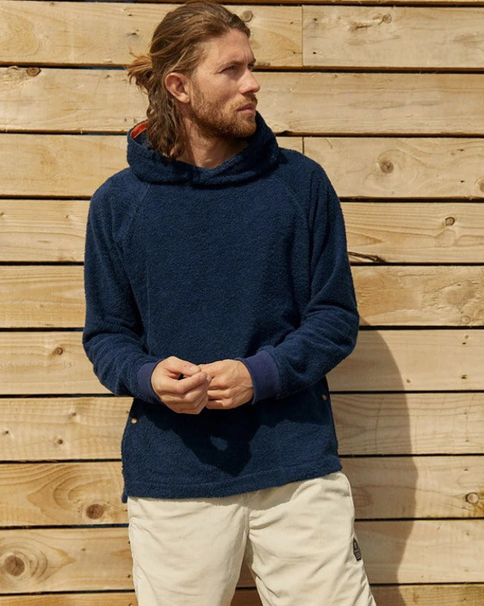Navy So English Hampstead hoodie with a relaxed fit, displayed on a hanger, made in the UK, casual streetwear style.