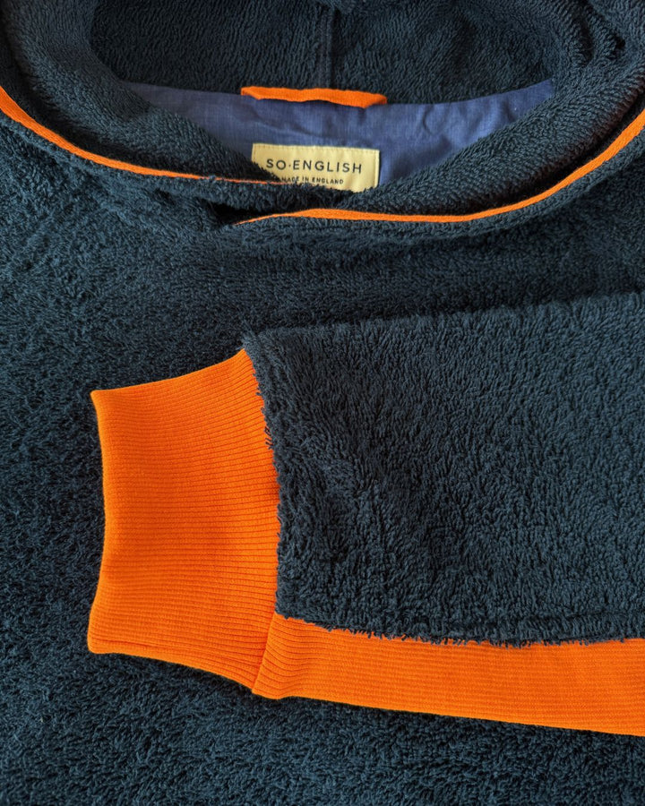 Navy and orange So English Hampstead hoodie with a drawstring neckline, casual fit, made in the UK.