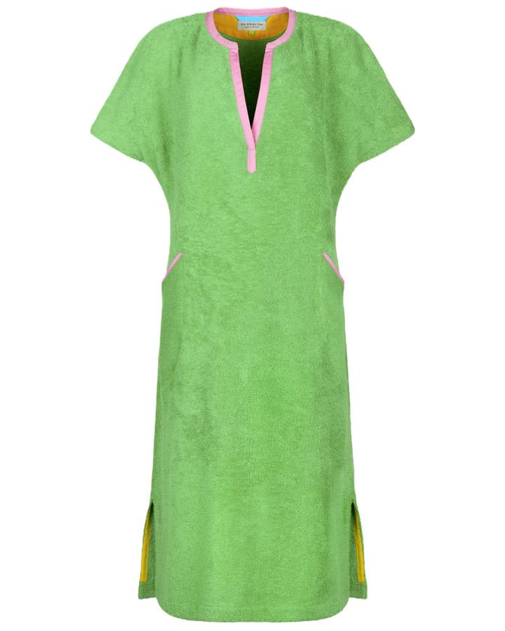 Long green Kiss dress by So English, featuring a fresh, vibrant design, perfect for beachwear or casual summer outings.