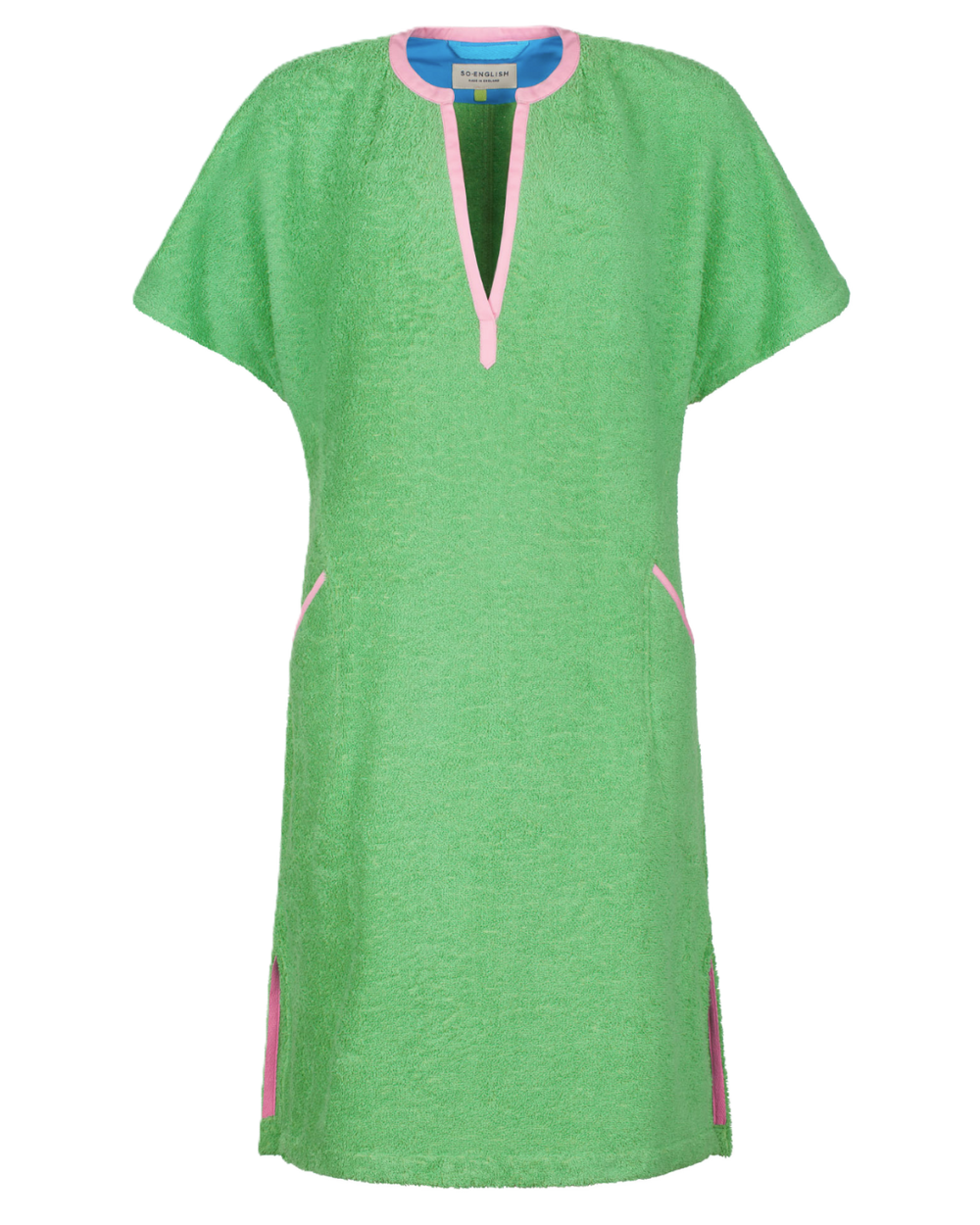 So English Kiss Fresh Green short dress, lightweight beachwear with a vibrant green fabric, casual and stylish for summer days.