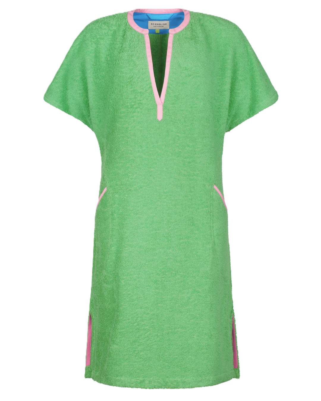 So English Kiss Fresh Green short dress, lightweight beachwear with a vibrant green fabric, casual and stylish for summer days.