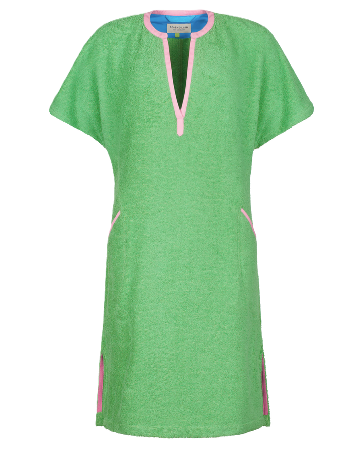 So English Kiss Fresh Green short dress, lightweight beachwear with a vibrant green fabric, casual and stylish for summer days.