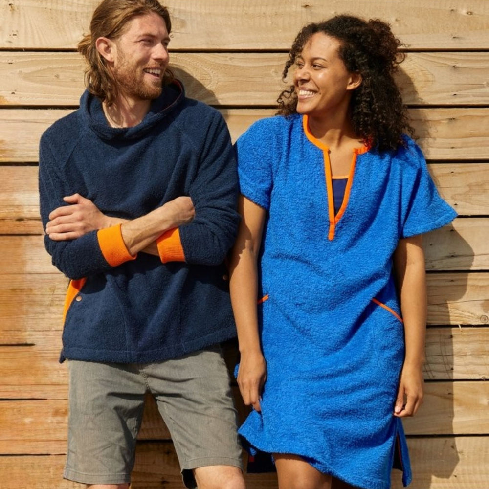 Image of the So English Kiss short beach dress and the navy Hampstead hoodie